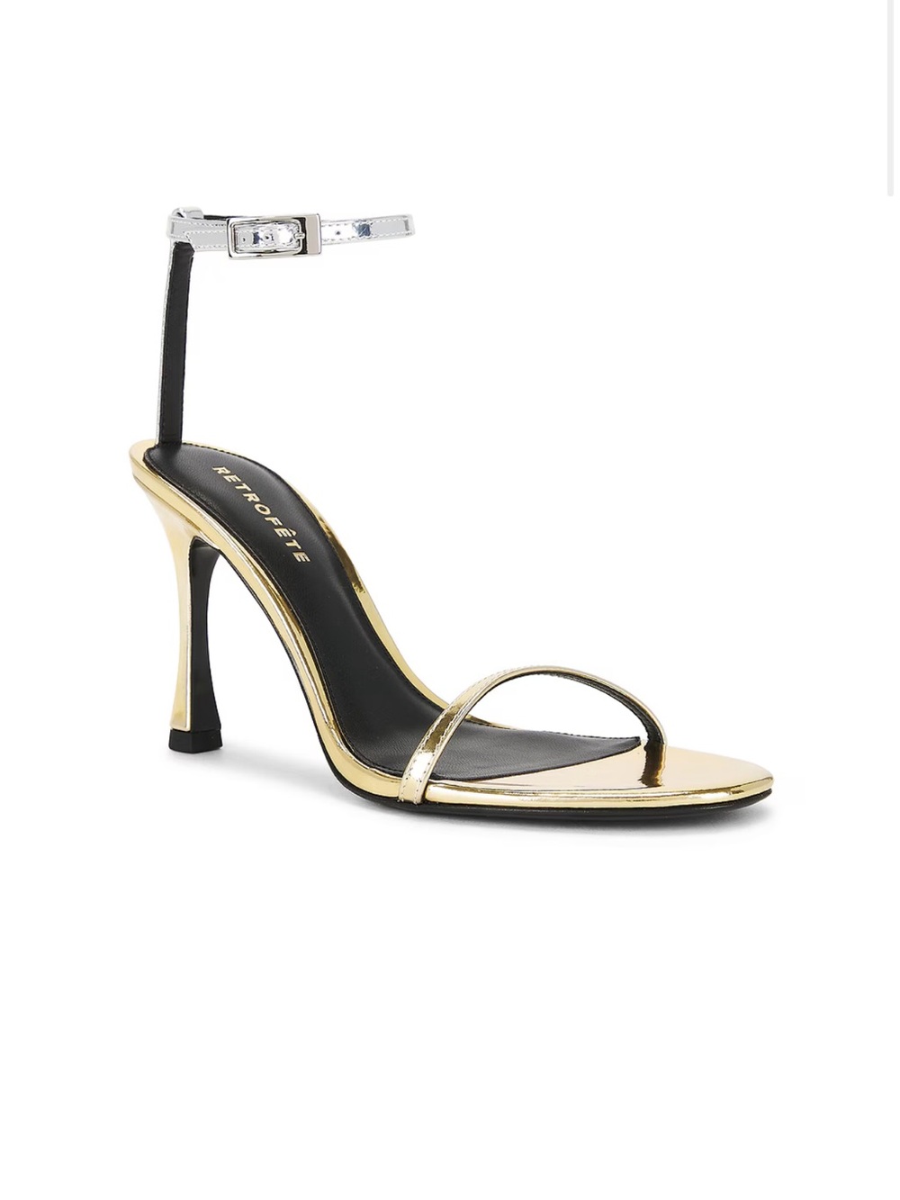 Retrofete Metallic Gold Ankle-Strap Stiletto Sandal with Silver Buckle